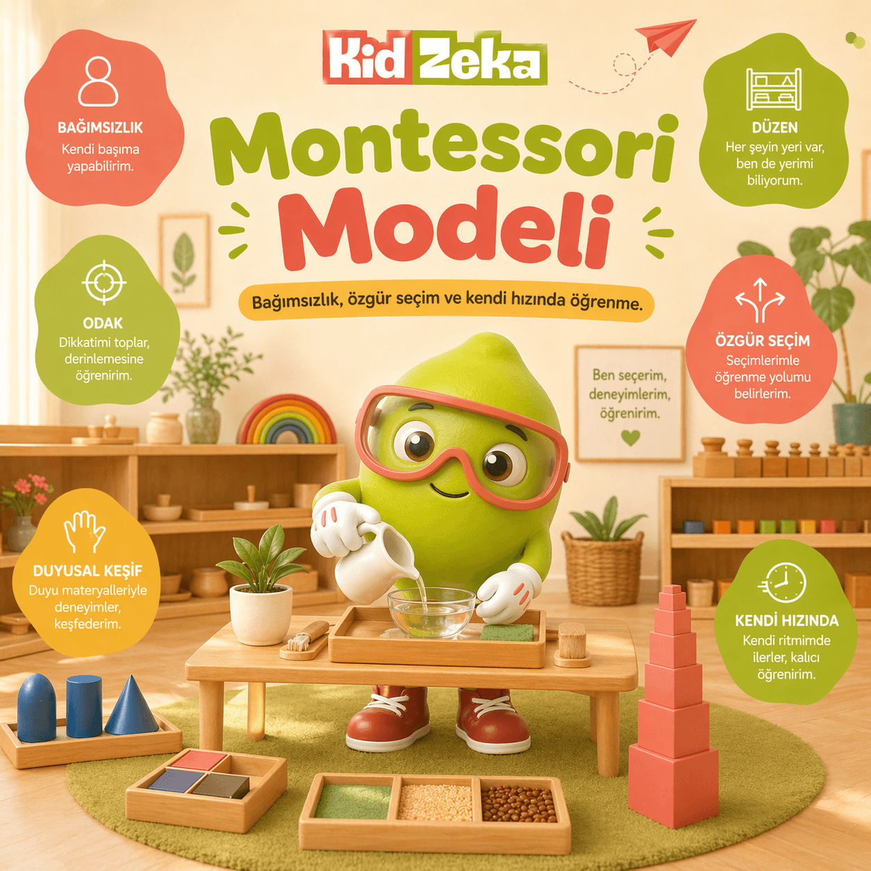 Doğal materyallerle çalışan çocuk Montessori modeli